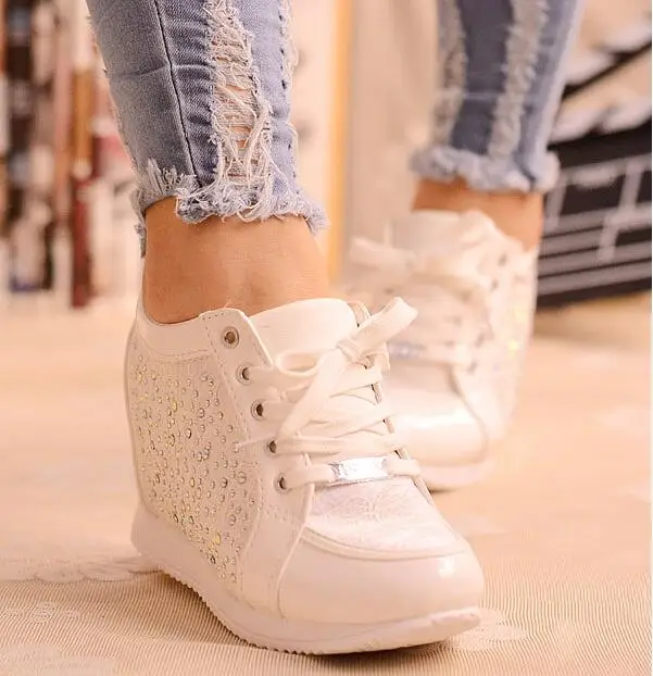 

Black White Hidden Wedge Heels Fashion Womens Elevator Shoes Casual Shoes For Women wedge heel Rhinestone 2016