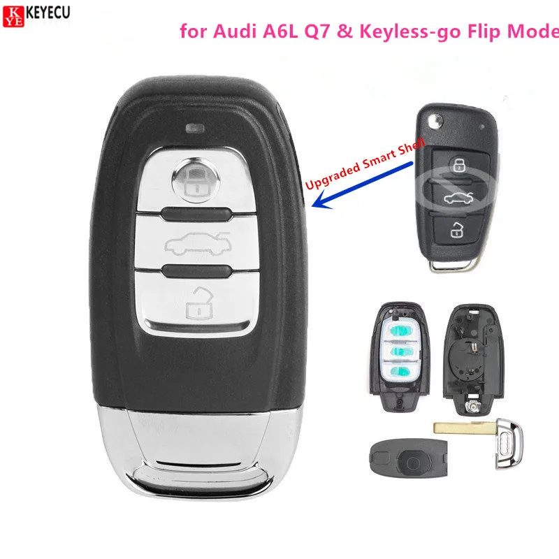 

Keyecu Upgraded Smart Remote Key Shell Case 3 Button Fob for Audi A6L Q7 & Keyless-go Flip Model (Shell only) with Uncut blade