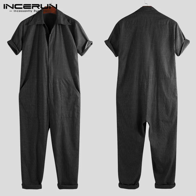 Black INCERUN, стильный мужской комбинезон, Одноцветный комбинезон для бега, мешковатые штаны с коротким рукавом, повседневные мужские комбинезоны карго, уличная одежда, S-5XL - Цвет: Black