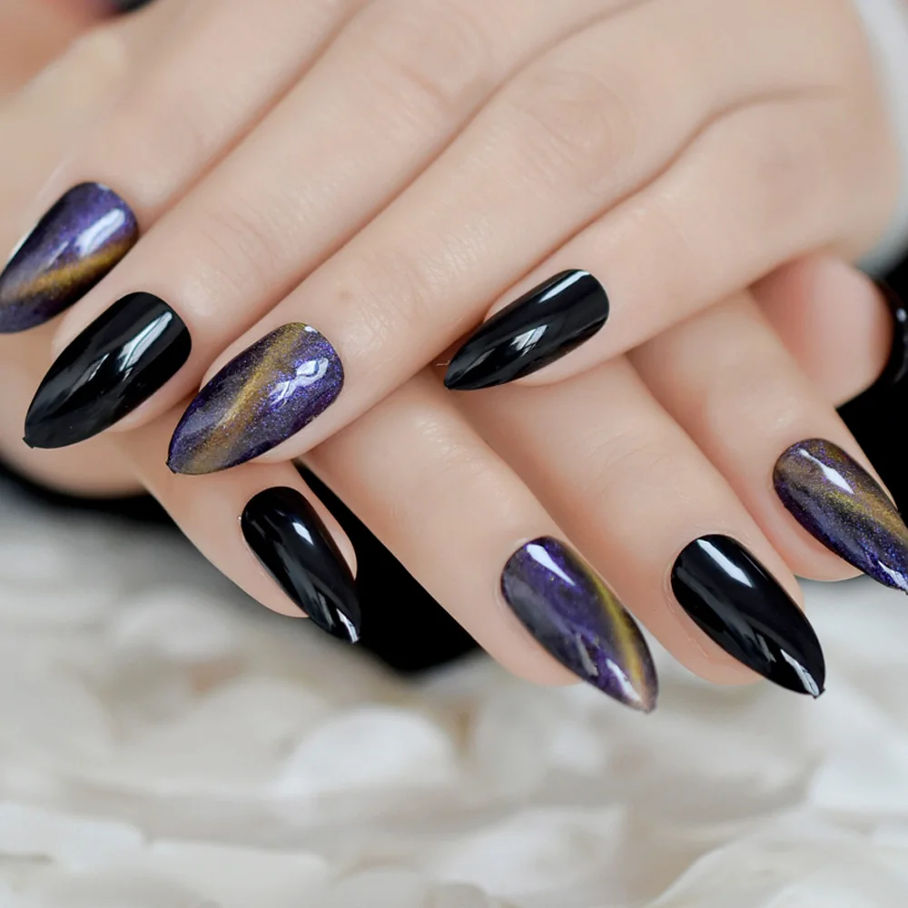 

3D Cat Eyes Stiletto False Nails Starry Sky Jade Effect UV Fake Nail Tips Artificial Extension Manicure for Finger Art Decor