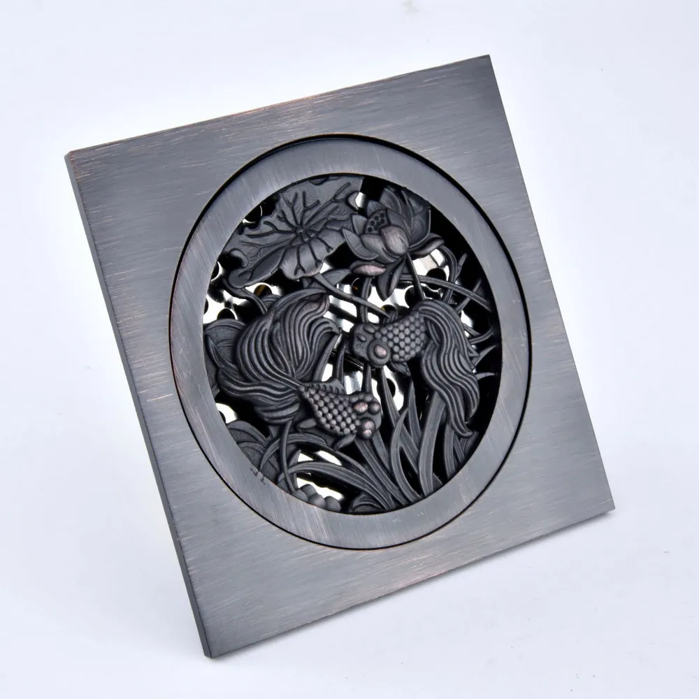 

Black Oil Rubbed Bronze Carved Flower Pattern Bathroom Shower Drain 4" Square Floor Drain Waste Grates ahr089