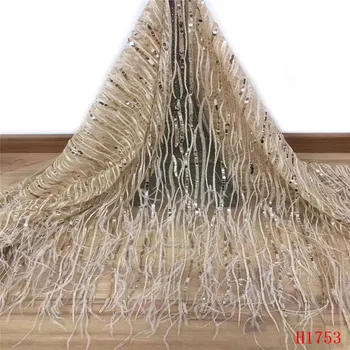 

African French Lace Fabric for party high quality Hot selling feather glued glitter sequins lace fabric HJ1753-1