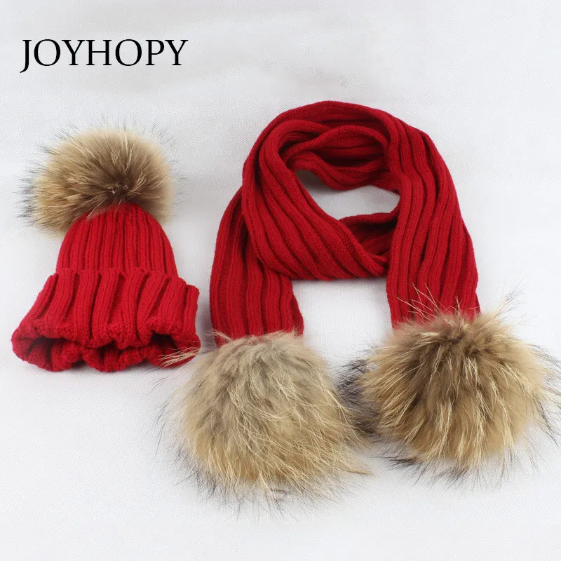 

JOYHOPY Autumn&Winter Boy Girl Hat Set Cotton Knitted Winter Raccoon Fur Children Thick Warm Hat and Scarf Set Baby hats