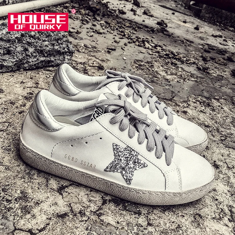 

Sneakers Women Leather Do Old Dirty Flats Shoes Star Sequins Lace-Up Women Casual Trainers Mixed Color Golden Zapatos Mujer 40