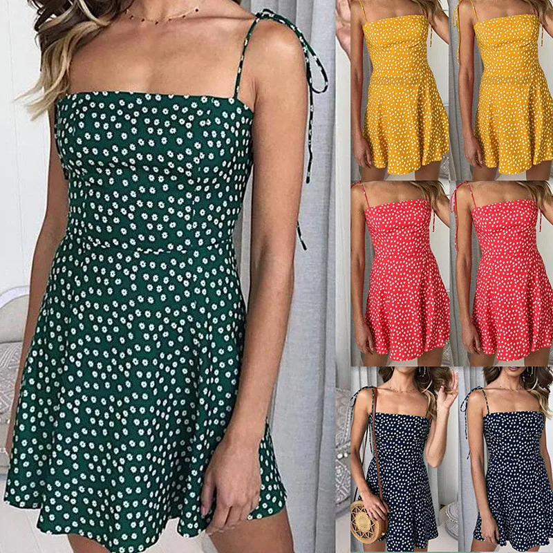 

Summer Flower Print Holiday Beach Women's Dress 2019 New Sexy Spaghetti Strap Backless Dresses Slash Neck Sleeveless Mini Dress