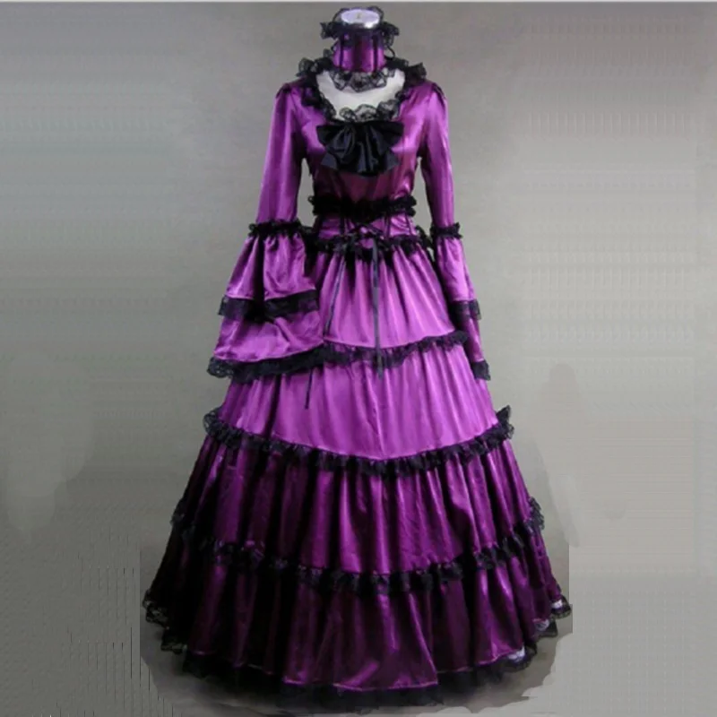 

18th Century Court Gothic Victorian Period Dress Halloween Red and Purple Long Sleeve Masquerade Ball Gowns historical Costume