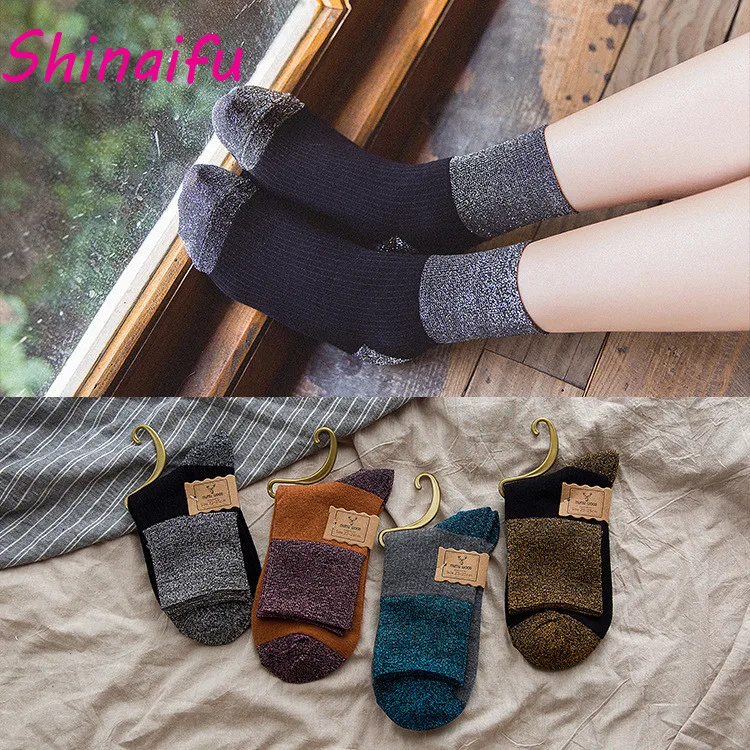 4Pairs Woman Cotton Crew Sock Spring Autumn Retro Purple Blue Fancy
