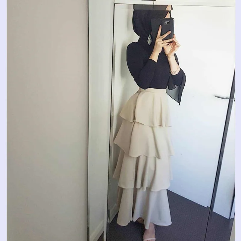 

Ruffles Muslim Skirt Faldas Mujer Moda 2019 Summer Abaya Dubai Turkish Long Maxi High Waist Skirt Women Jupe Longue Femme Womens