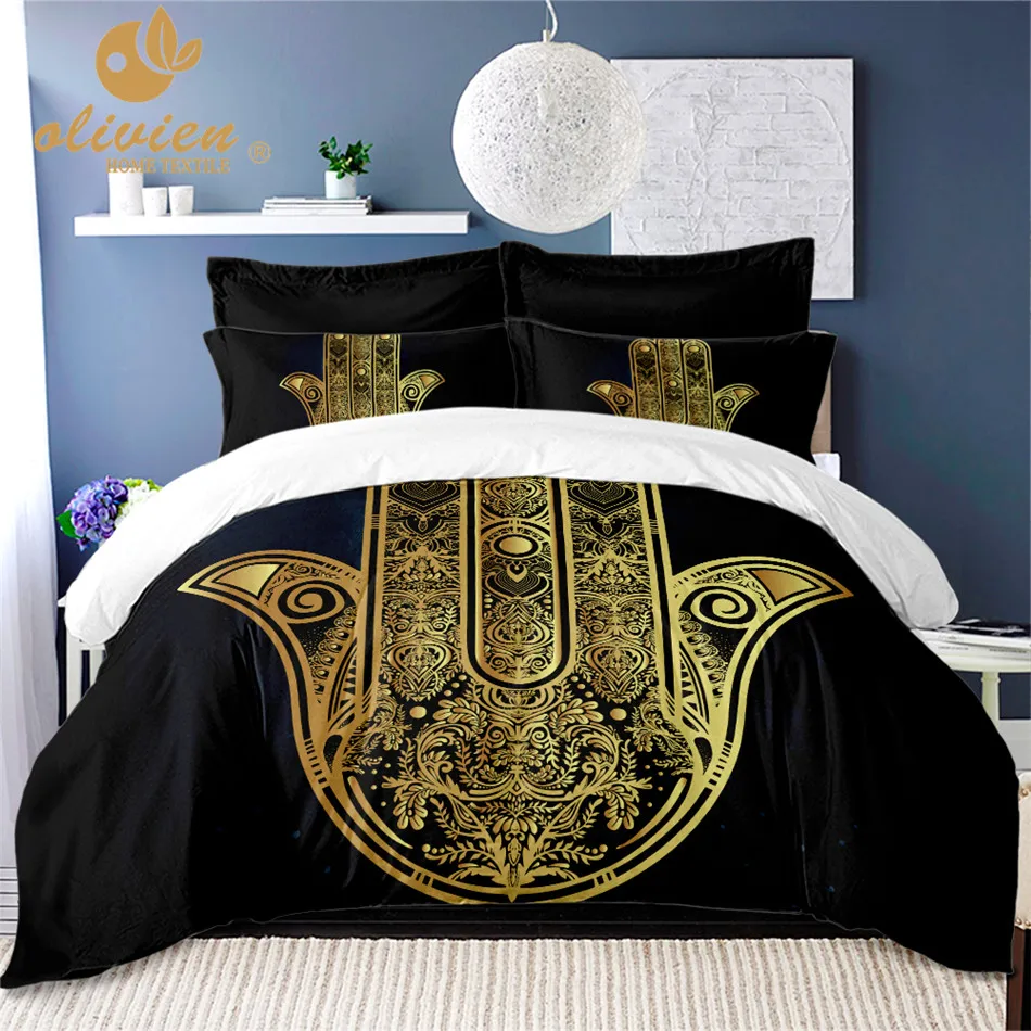 

Hamsa Hand Bedding Sets Black and Gold Duvet Cover 100% Polyester Queen King Size Bed Cover Pillowcase Home Decor 25