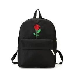 Для мужчин и женщин холст розы вышивка милый рюкзак студент подростков обувь для девочек школьные ранцы Дорожная Сумка Черный