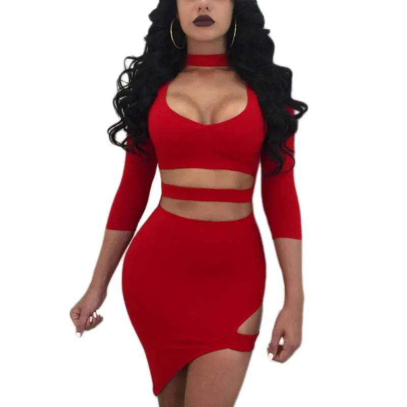 

YSMARKET Vestidos Women Sexy Bodycon Bandage Dress Summer Hollow Out 3/4 Sleeve Tight Casual Club Party Dresses Mini Short
