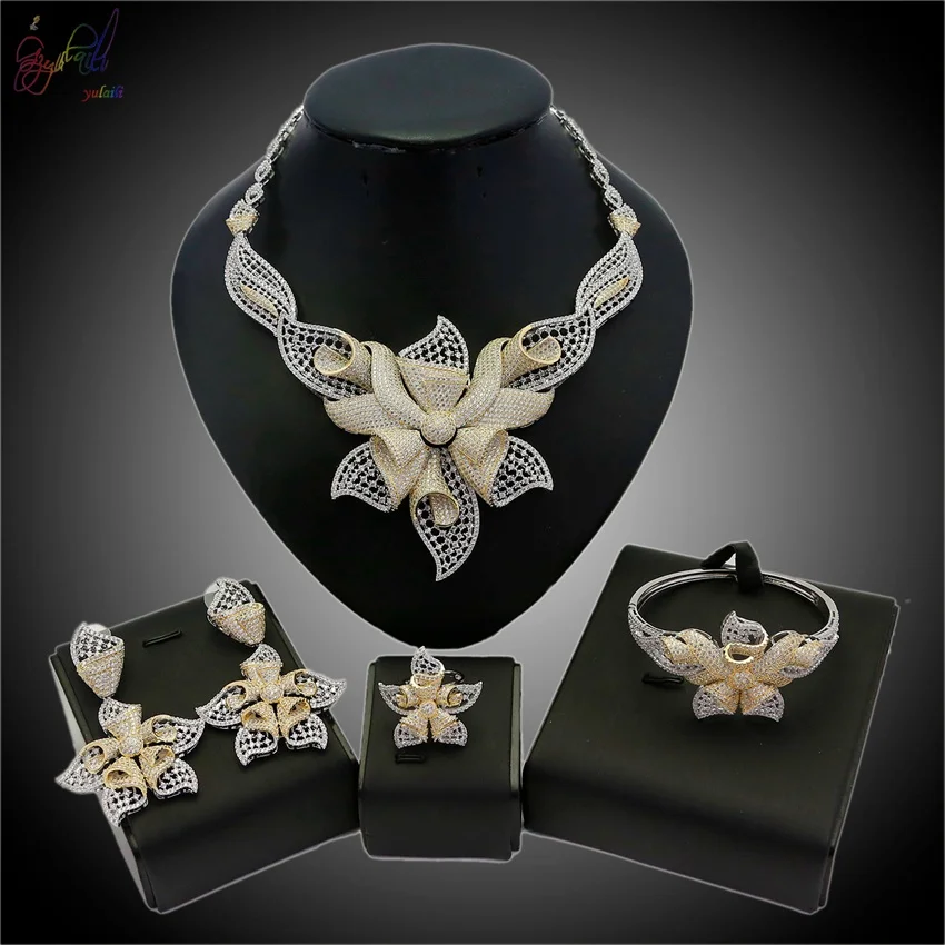 

Yulaili Exquisite High American Zircon Jewellery Set Fashion Flowers Teardrop Design Jewelry Sets in Wedding Dress Collocation