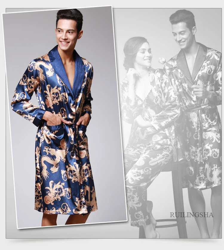 Мужская Осенняя новая одежда с длинными рукавами для пары мужской банный халат Шелковая пижама Мужская домашняя одежда с принтом дракона
