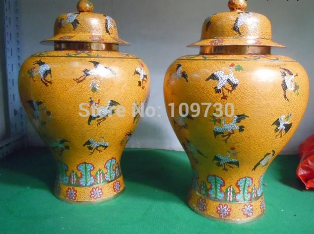 

002983 A Pair finely China pure bronze cloisonne many red-crowned crane Vases Statues