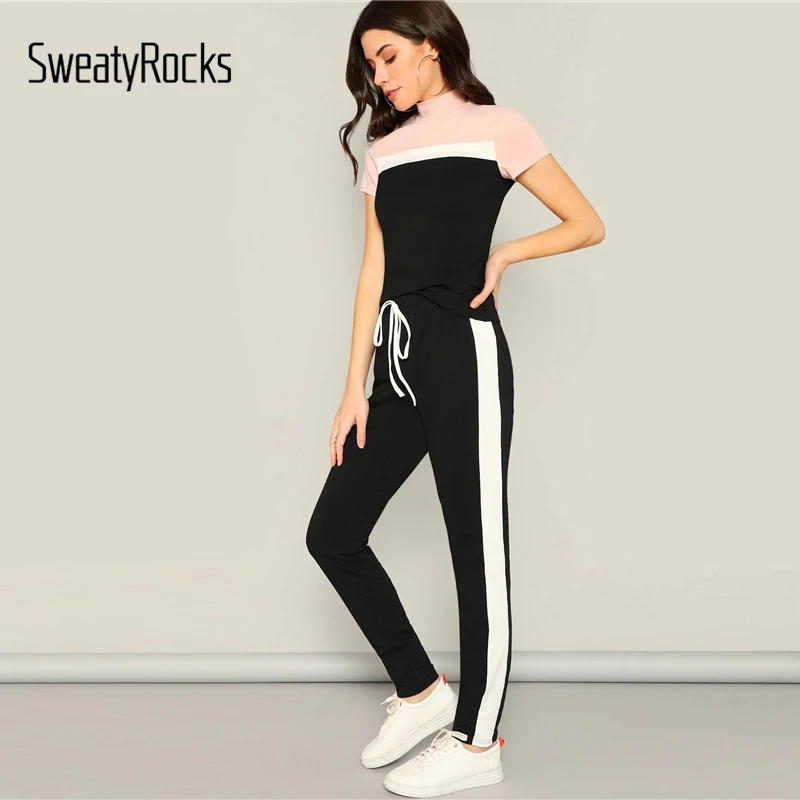 

SweatyRocks Mock-neck Colorblock Tee And Drawstring Waist Pants Set Active Wear Two Piece Set Women Short Sleeve 2 Piece Outfits
