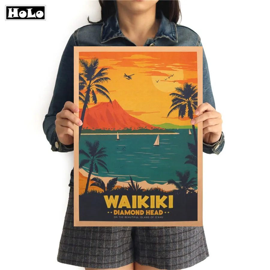 

WAIKIKI City Travel Vintage Poster decorative painting kraft paper paper posters sticker pub cafe bar print picture 42x30cm