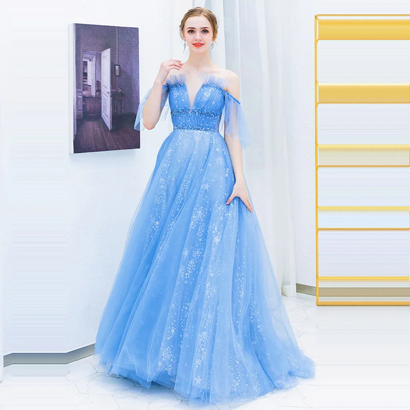 

Evening Dress Backless Long Plus Size Prom Dress 2019 O-neck Off The Shoulder Robe De Soiree Short Sleeve Women Party Dress E589