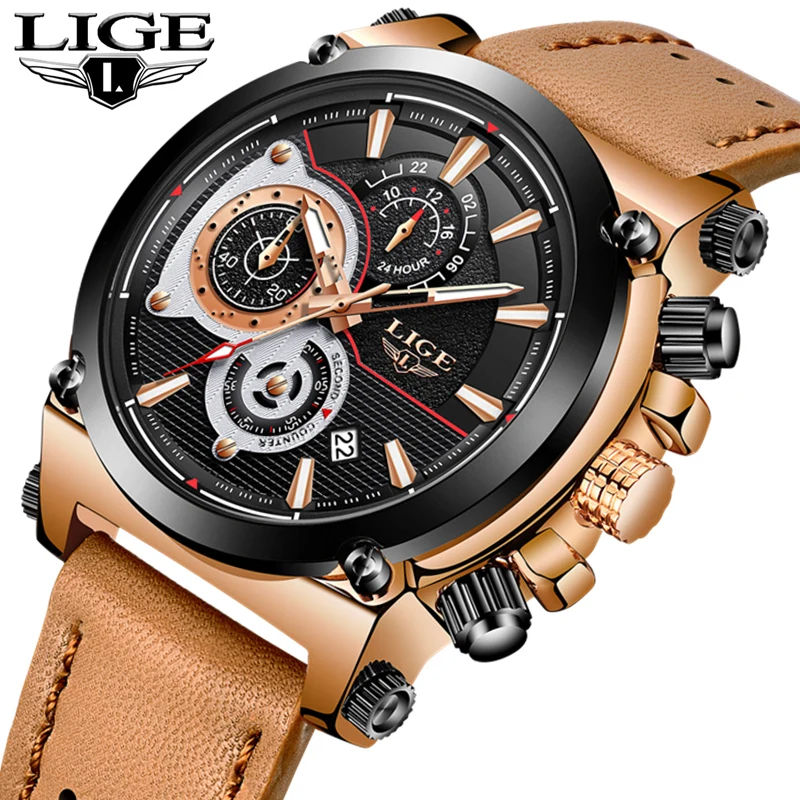 

LIGE Fashion Gold Watch Men Sport Quartz Clock Leather Mens Watches Top Brand Luxury Waterproof Military Watch Relogio Masculino