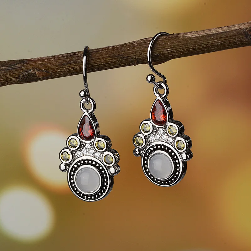 

Tisonliz Vintage Red Green Crystal Water Drop Long Copper Drop Earrings for Women Moonstones Hanging Dangle Earrings Jewelry