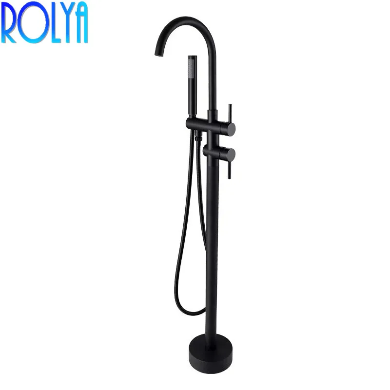 

ROLYA Matte Black High Rise Round Freestanding Spout Shower Faucet Bath Mixer Tap Floor Mounted Bathtub Filler Blanoir Series