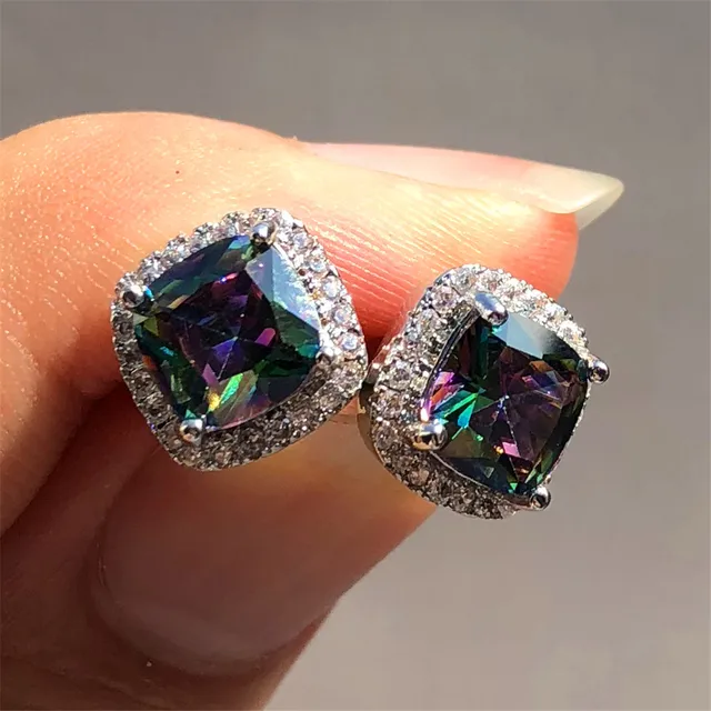 Luxury Female Yellow Pink Stone Earrings Fashion Silver Color Wedding Jewelry Vintage Double Stud Earrings For Women - Image 3