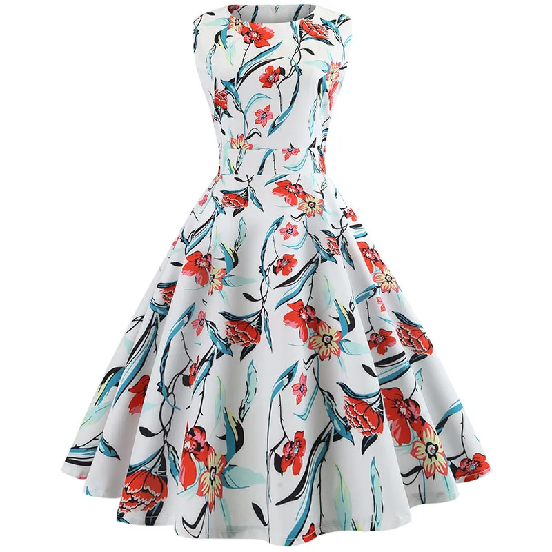 Женское летнее платье миди с цветочным принтом без рукавов с круглым вырезом Ретро винтажные платья vestidos robe вечернее платье рокабилли размера плюс