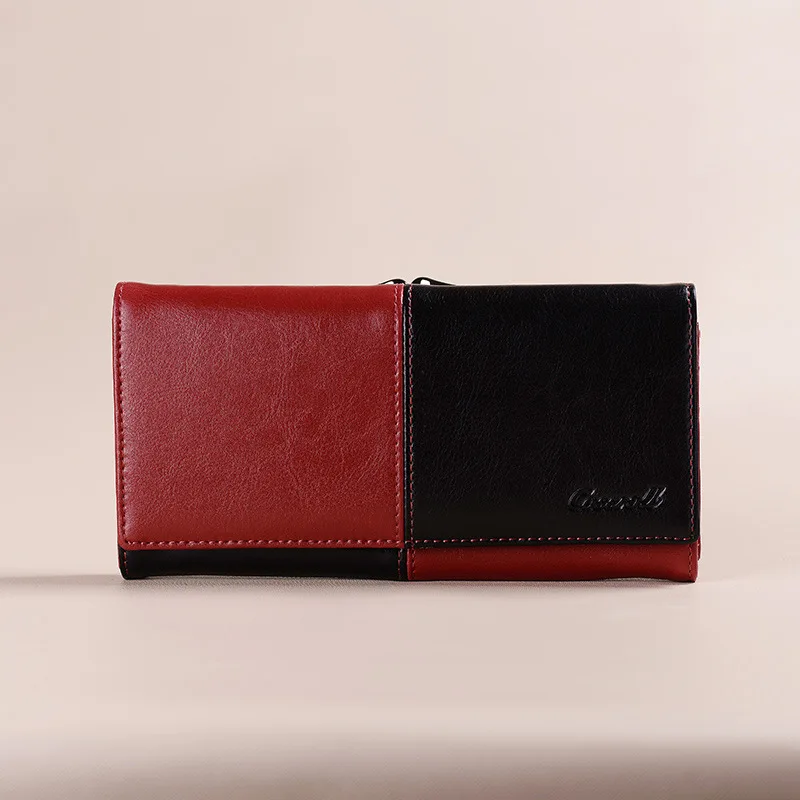 

Women Genuine Leather Wallet Feamle Red Black Patchwork Hasp Long Multifuctin Bifold Wallet Ladies Card Holder Purse Handbag