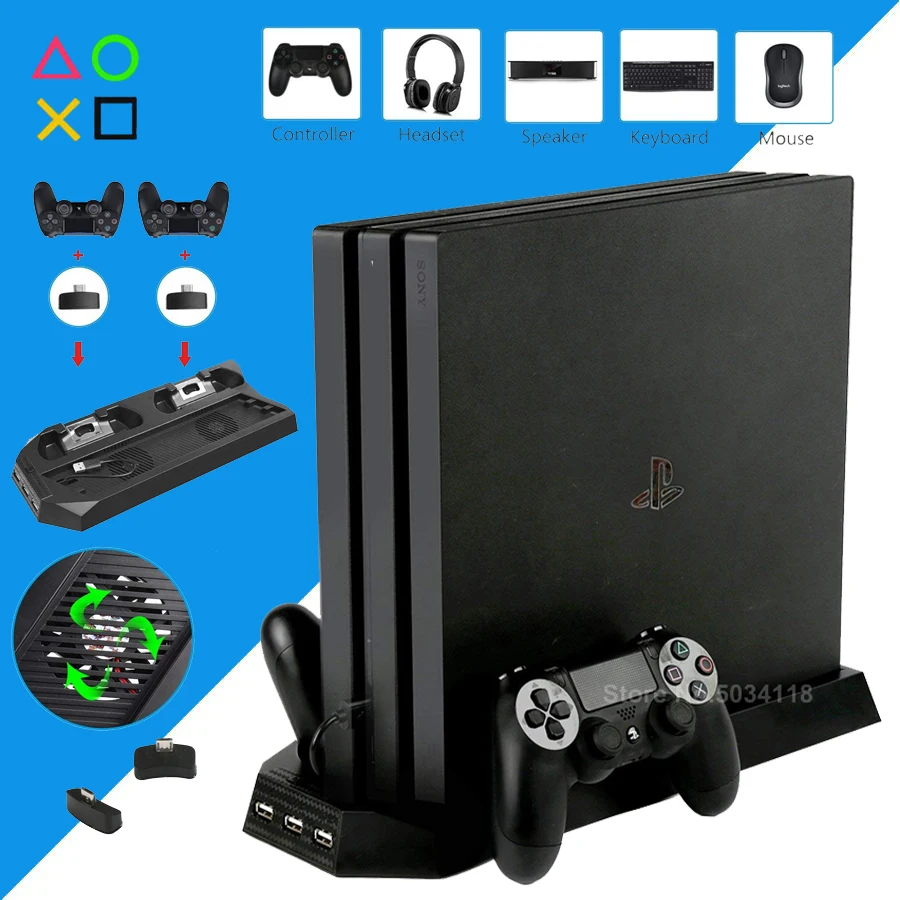 

PS4 Pro Vertical Stand + 2 Controller Charger Charging Dock + Cooler Cooling Fan+3 HUB for Play Station 4 Pro Games Accessories