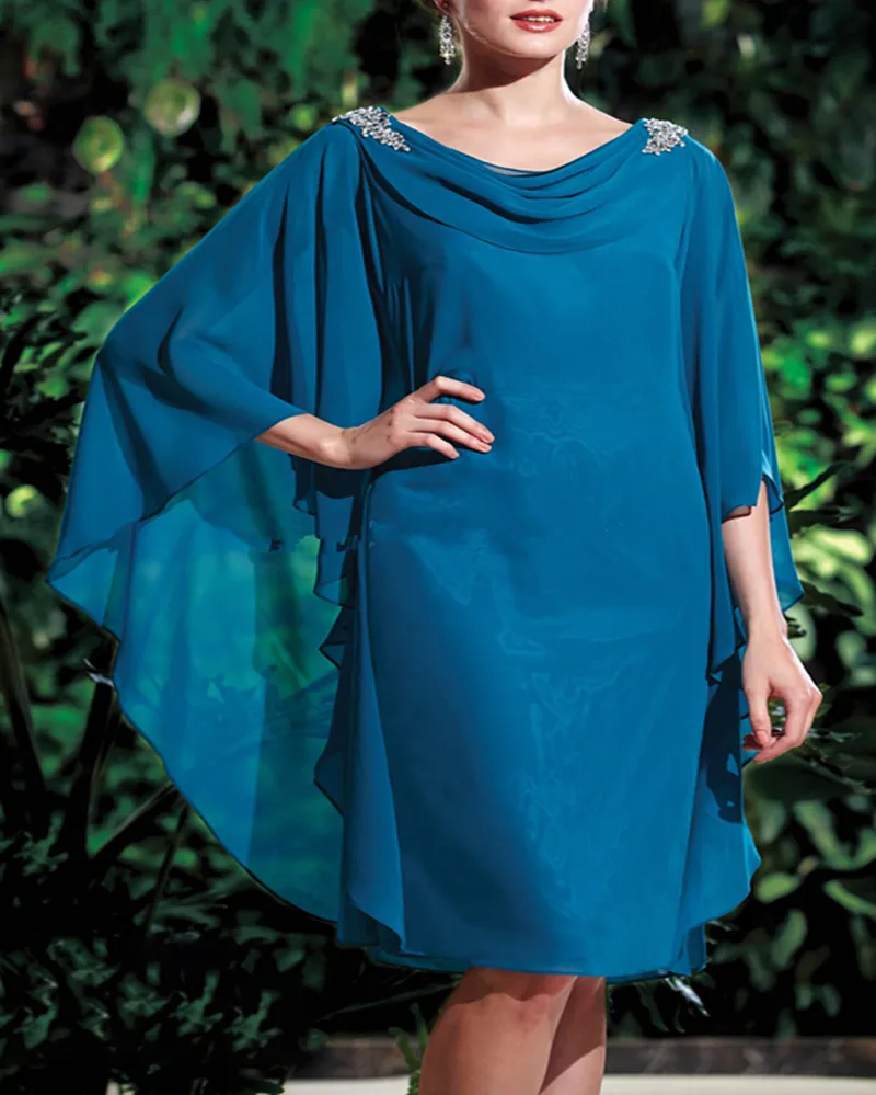 

New 2016 Sheath Knee Length Blue Brides Mother Dresses for Weddings Elegant Chiffon Beaded Mother of