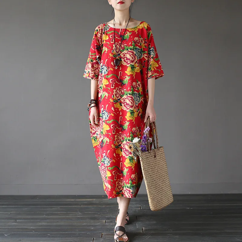 

Johnature Women Cotton Linen Dress Print Floral Robes O-Neck Short Sleeve 2019 New Vintage Casual Loose Green Red Summer Dresses