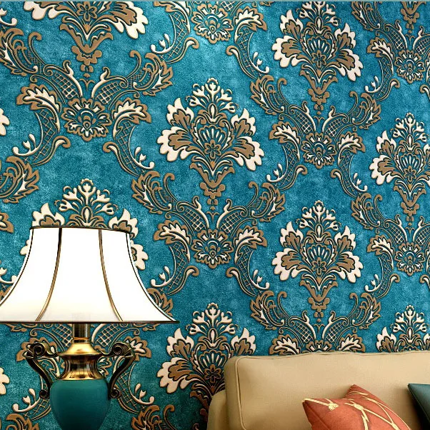 Haokhome Luxury High Quality Damask 3D Wallpaper Non Woven Blue/Brown/Yellow wall paper for living room bedroom Home Decoration Haokhome Luxury High Quality Damask 3D Wallpaper Non Woven Blue/Brown/Yellow wall paper for living room bedroom Home Decoration