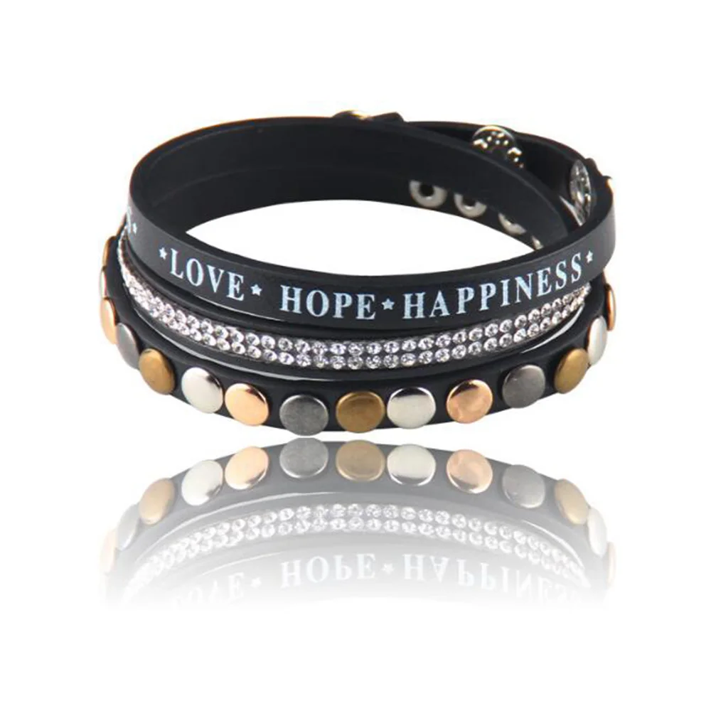 

1 pcs Hot Sale Multilayer Leather Bracelet Charm Rivets Letter Love Hope Happiness Punk Snap Button Braclet For Women Jeweley