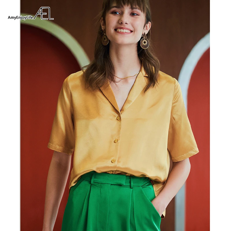 

AEL Women Blouse Elegant Red Golden Satin Shirt Turn Down Collar Female Retro Casual Blouse Women Summer Tops 2019