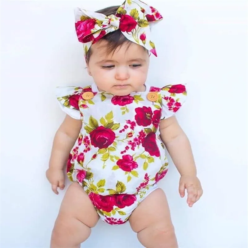 2018 Summer Hot Sale Newborn Baby Girls Clothes Flower Ruffles Sleeve Jumpsuit Romper + Bow Knot Headband Outfits