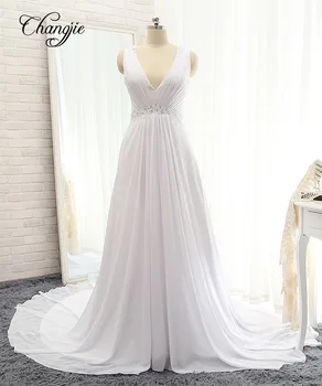 

New Simple Long Wedding Dress 2018 V-Neck Cap Sleeve Court Train Beading Chiffon A-Line Wedding Gowns vestido de novia