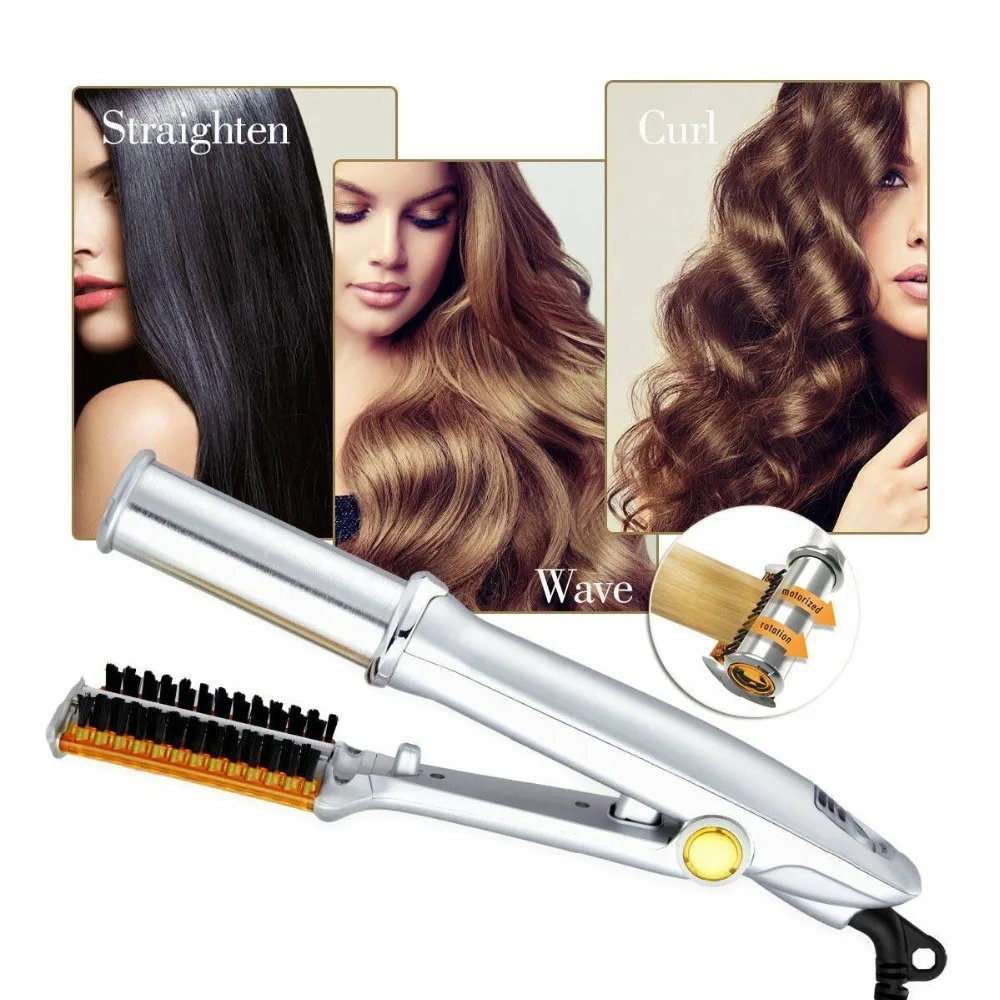 Professional 2-Way Wet To Dry Hot Rotating Iron Hair Brush Curler Straightener