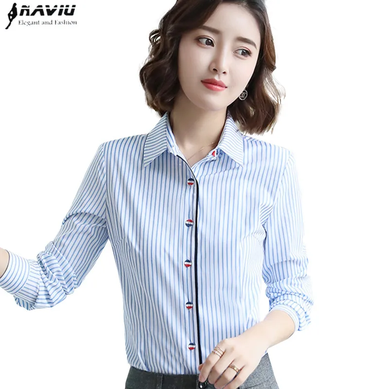 Модная женская рубашка в синюю полоску, новинка, формальная деловая тонкая блуза с длинным рукавом, Офисная Женская рабочая блуза размера плюс, топы