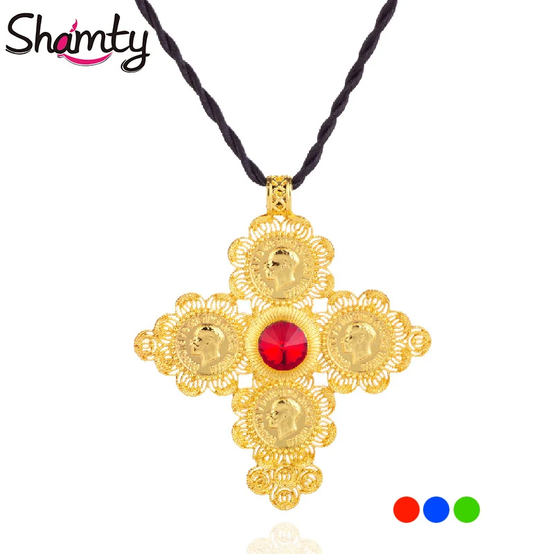

Shamty Big Size Ethiopian Cross Coins Pendant Rope Chain Women Necklace Gold Color Fashion Jewelry African Wedding Gift D30066