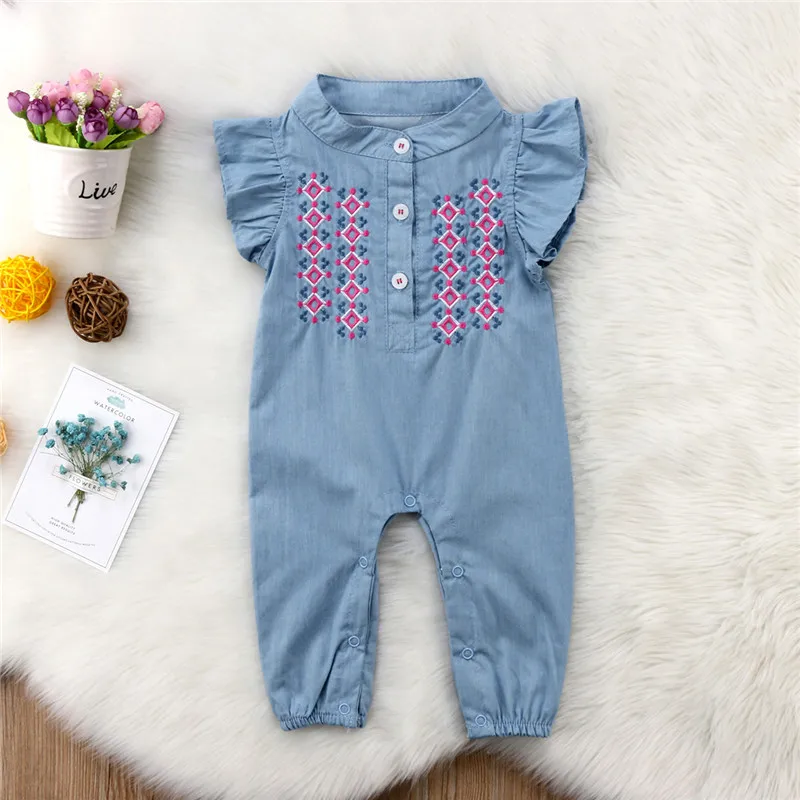 0-24 m recién nacido bebé niña bordado Romper Fly Sleeve Denim ropa lindo bebe verano traje Jumpsut 2018 0-24 m recién nacido bebé niña bordado Romper Fly Sleeve Denim ropa lindo bebe verano traje Jumpsut 2018