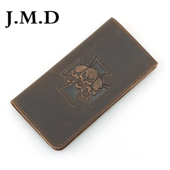 

J.M.D Crazy Horse Leather Billfolds Wallet Hot Selling 2017 Genuine Leather Skull Pattern Long Wallet Mens 8115
