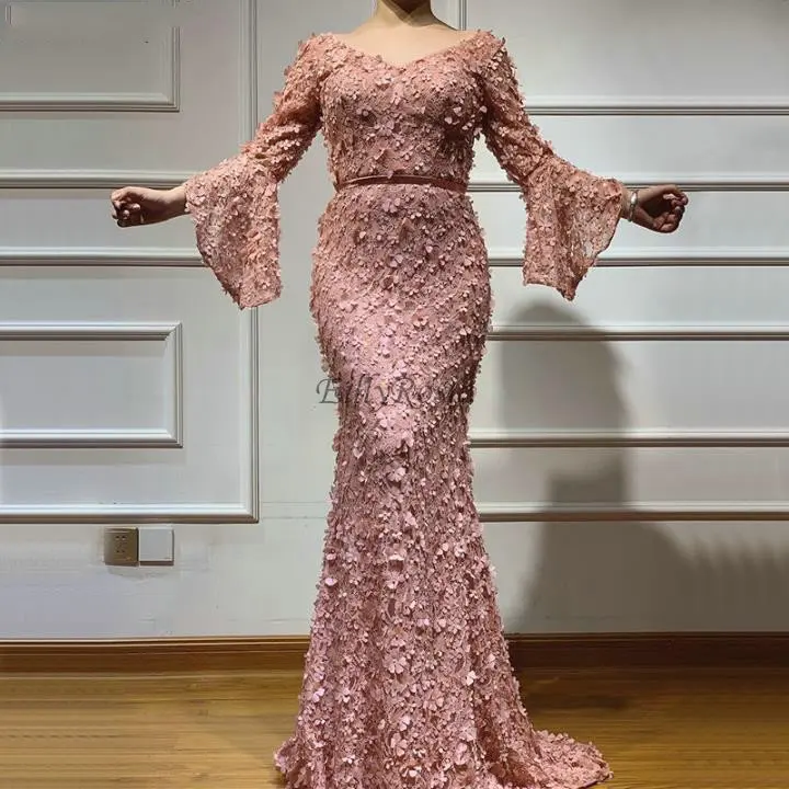 Dusty Rose Pink Trumpet Long Sleeve Prom Dresses Mermaid V Neck Lace 3D Flowers Elegant vestidos de Gala Dresses Ladies Party