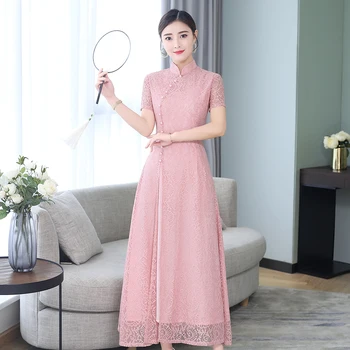 

LARGE SIZE 2020 Summer Bride Wedding Dress Women Pink Novelty Lace Qipao Elegant Short Sleeve Cheongsam Sexy Destidos M-3XL