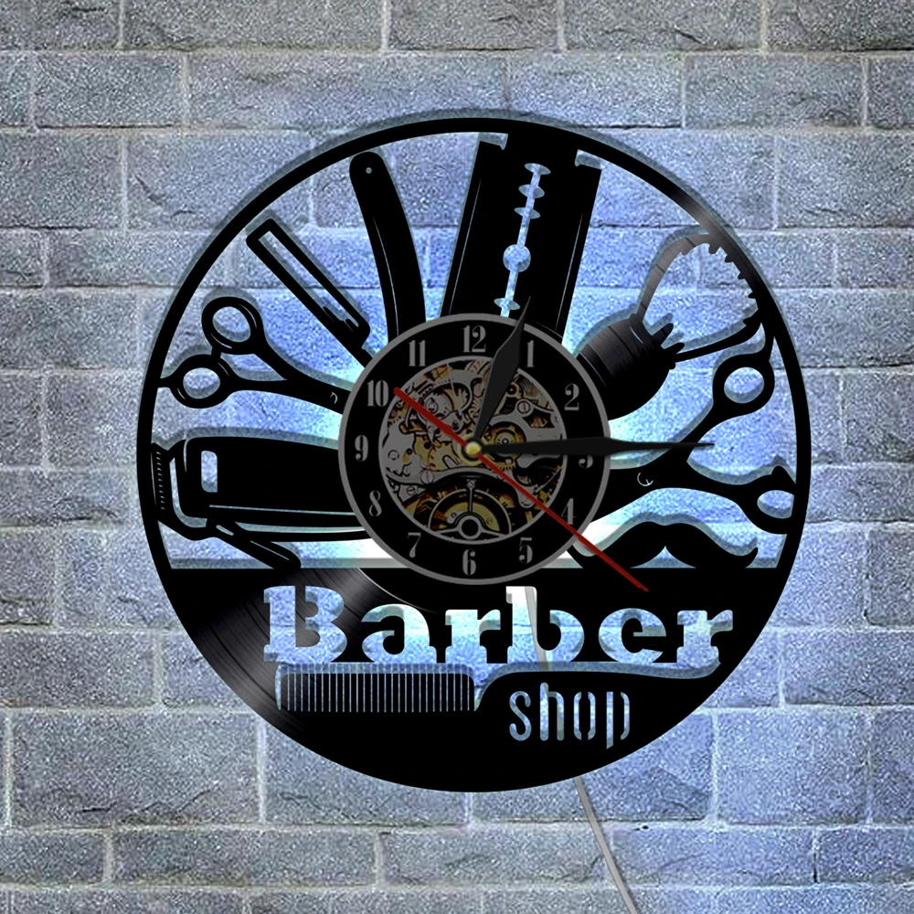 1Piece Barber Shop Hair Salon Vinyl Wall Clock LED Vinyl Light Vintage