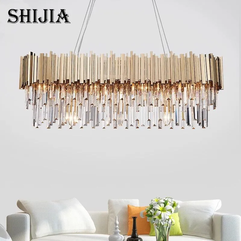 

Modern Crystal Lamp Chandelier For Living Oval Luxury Gold Round Stainless Steel Line Chandeliers Lighting