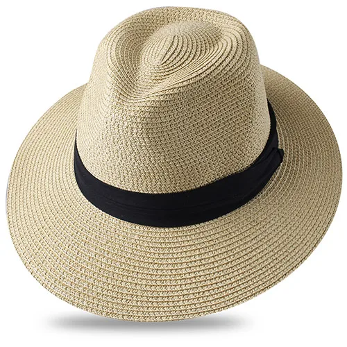 FURTALK летняя соломенная шляпа для мужчин и женщин, пляжная шляпа от солнца, Мужская джазовая Панама, фетровая шляпа с широкими полями, солнцезащитная Кепка с кожаным ремнем - Цвет: Бежевый