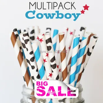 

100pcs Mixed Colors COWBOY Themed Cute Paper Straws,Blue and Brown Striped, Red Star, Black Cow, Birthaday