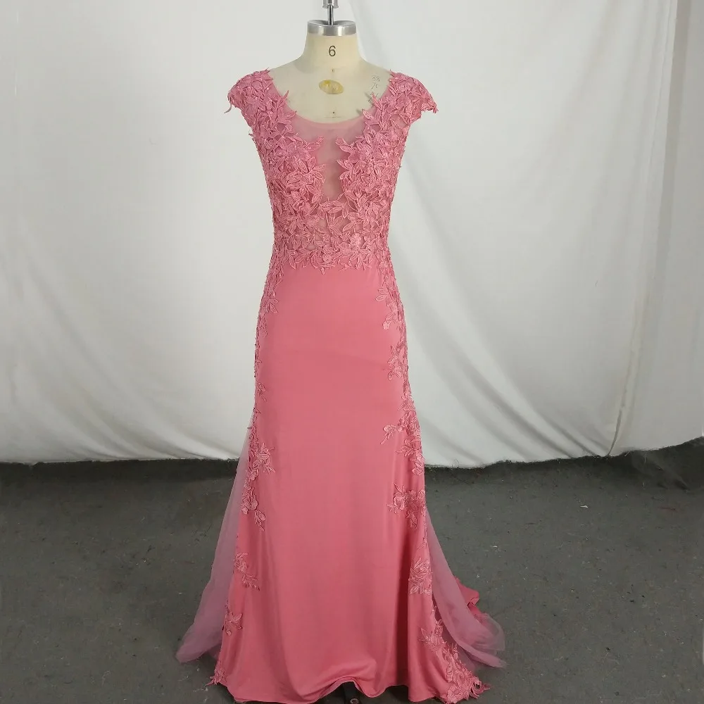 

Floor Length Cap Sleeves See-through Sheer Pink Mermaid Prom Dress