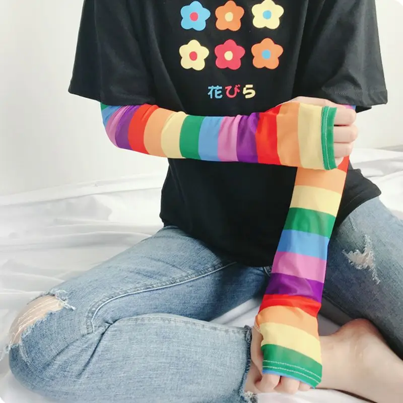 

Women Girls Summer Ice Silk Arm Sleeves Cover Rainbow Colored Striped Harajuku Sun Protection Cooling Cycling Driving Gloves