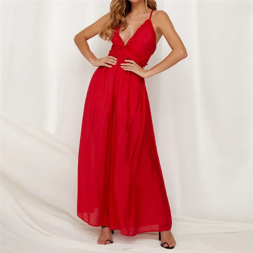New Fashion Women Summer Sexy  Sleeveless V Neck Solid Ruffle Loose Sling Jumpsuit Elegant Lady Casual Bodysuits Playsuit #4R08 (19)