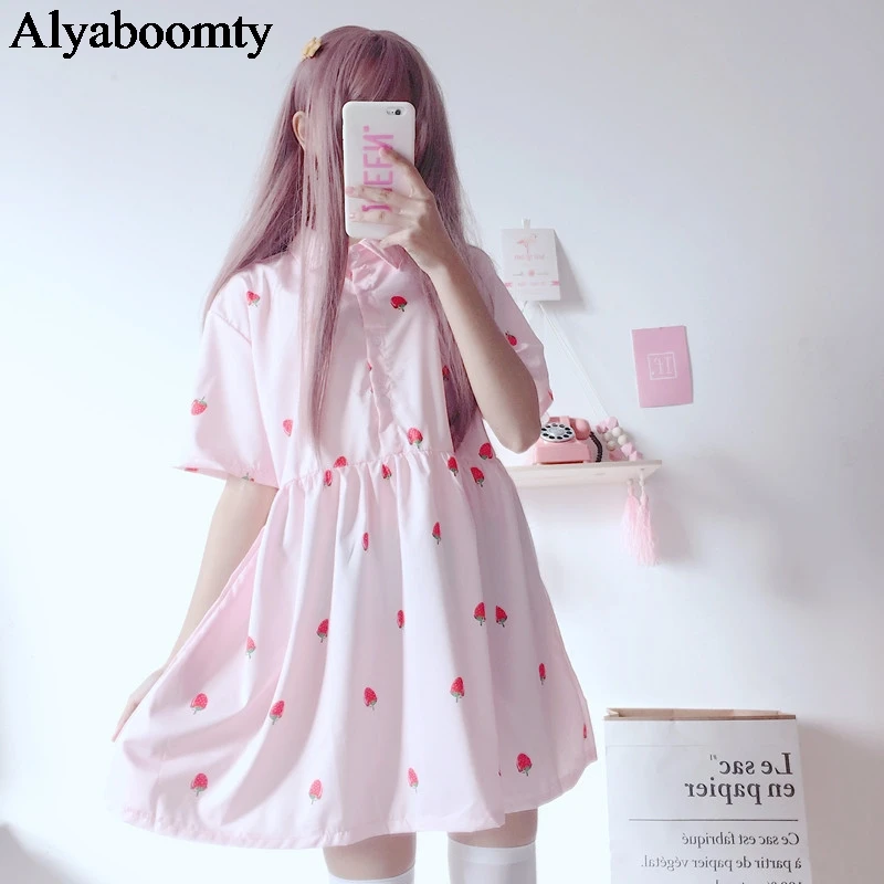 2019 японский Харадзюку летнее женское милое платье розовое клубничное Kawaii Лолита